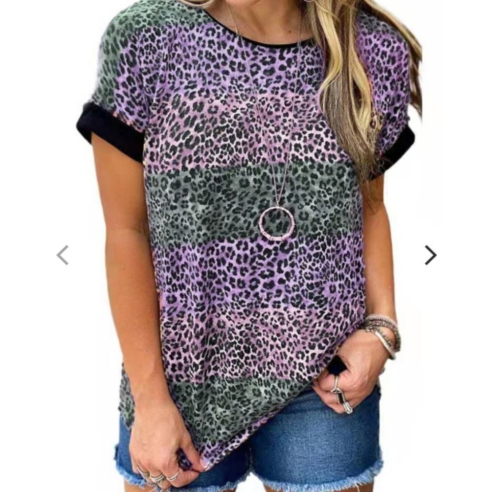 Purple Pink Green Leopard Print Patchwork T-Shirt